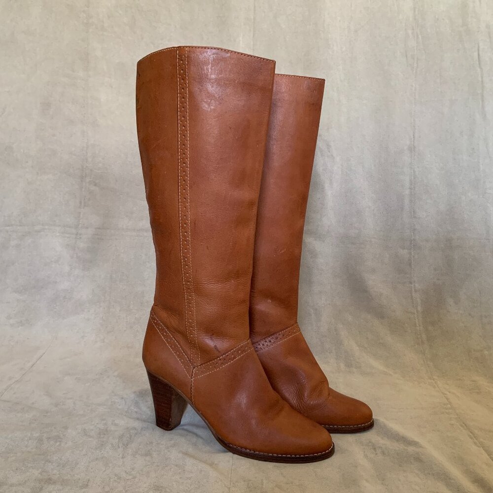 VINTAGE 70s Thom McAn Knee High Tan Leather Boots Women's Size 9 RUNS SMALL